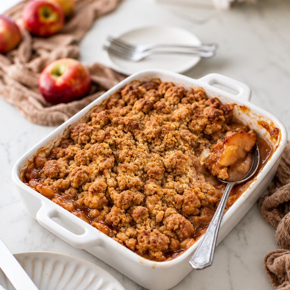 Golden apple crumble in a white baking dish with apples and brown linen on a marble tabletop