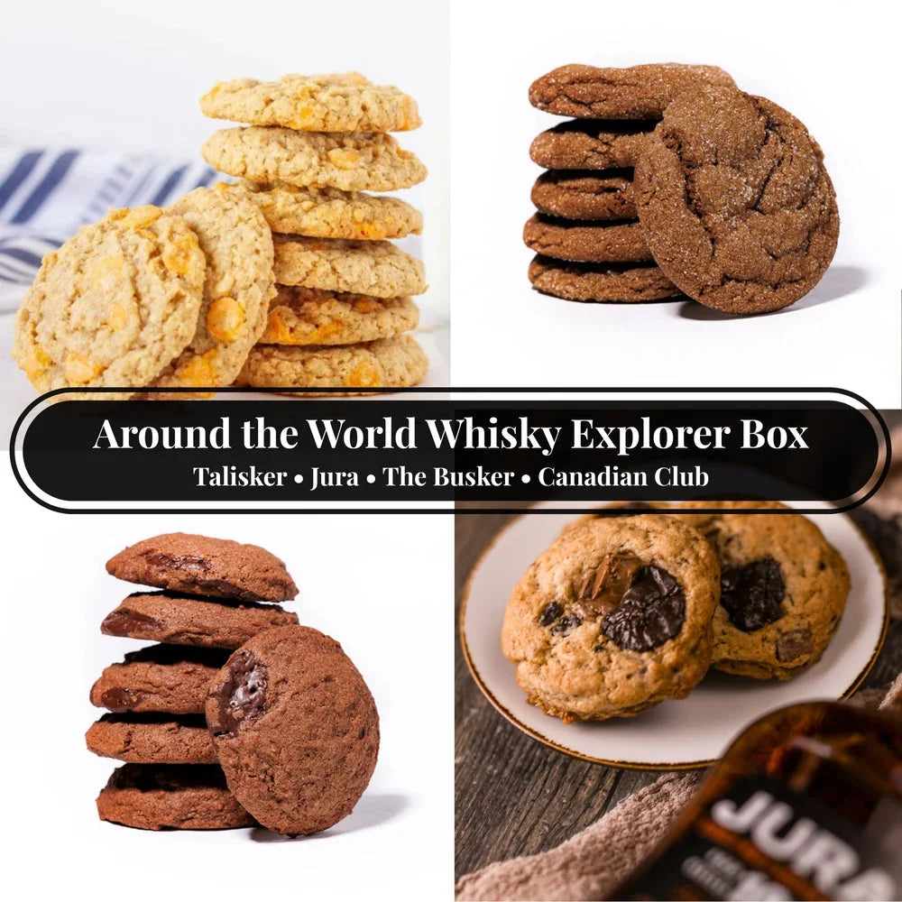 Around the World Whisky Explorer Box with four varieties of Aunt Beth’s cookies