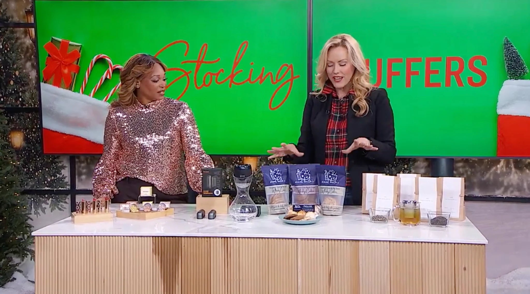 Aunt Beth’s cookie pouches and cookies on the table during a City TV stocking stuffers feature